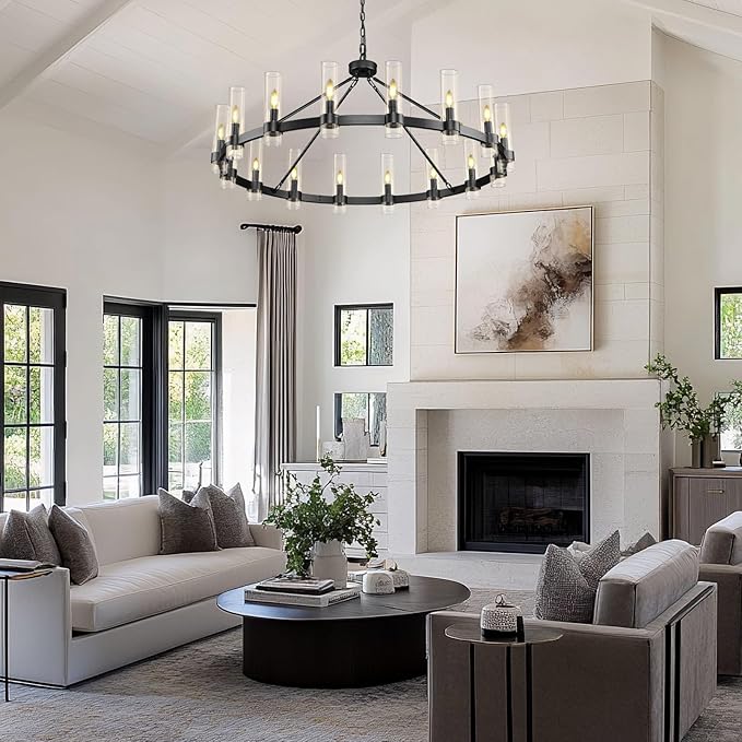 Black Wagon Wheel Chandelier, 48" Modern Chandeliers with Glass Shade, 16-Light Large Chandelier for High Ceiling, Farmhouse Chandeliers for Dining Room, Living Room, Foyer, Stairway(Bulbs Included)