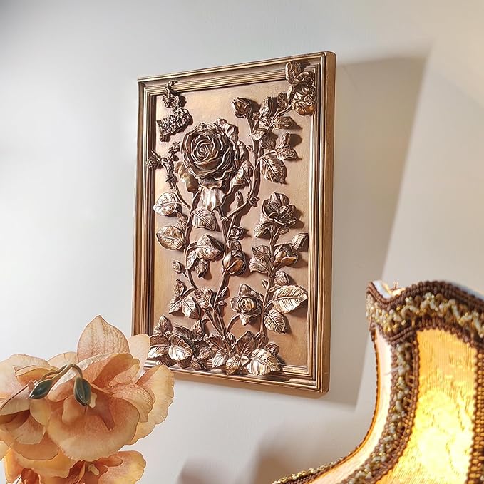 Kangce Vintage Wall Sculpture Home Decor Living Room Antique Hallway Galery Wall Art with Embossed Rose Design Aesthetic Home Decor,Rectangular,Bronze