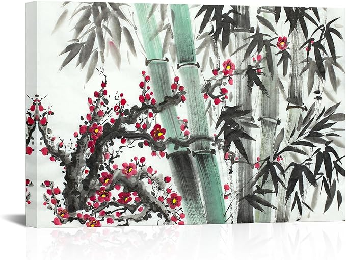 Canvbay Asian Canvas Wall Art Traditional Chinese Ink Style with Bamboo and Red Plum Blossom Painting Pictures Oriental Flower Print Poster Framed for Home Decor Living Room Bedroom 24x36inch
