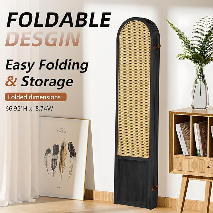 6 Panel Room Divider and Folding Privacy Screen, 5.6 Ft Foldable Double Hinged Rattan Partition, Hand-Woven Rattan Room Divider Portable Wood Freestanding Wall Divider for Room Separation - Black