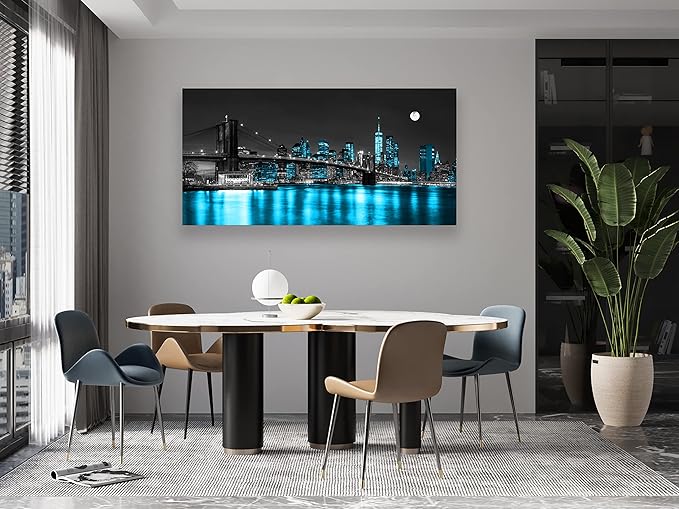 Aibonnly Wall Art Canvas Painting Black White and Blue New York Brooklyn Bridge 1 Piece Cityscape Night Building Picture Poster Print Framed for Living Room Bedroom Kitchen Office Home Decor