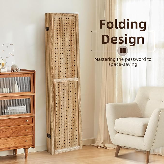 6 Panel Pegboard Display with 24 Hooks, Pegboard Room Divider and Folding Privacy Screens, Partition Room dividers, Wooden Room Divider Wall, Jewelry Store, Bedroom, Balcony, Light Brown