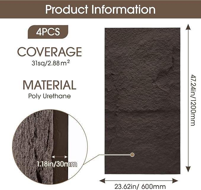 3D Faux Stone Wall Panels, 4-Pack 47.24×23.62 in. PU Wall Panels 30.99 sq.ft Coverage, Lightweight & Waterproof, Easy DIY Install for Living Room, Bedroom, Office