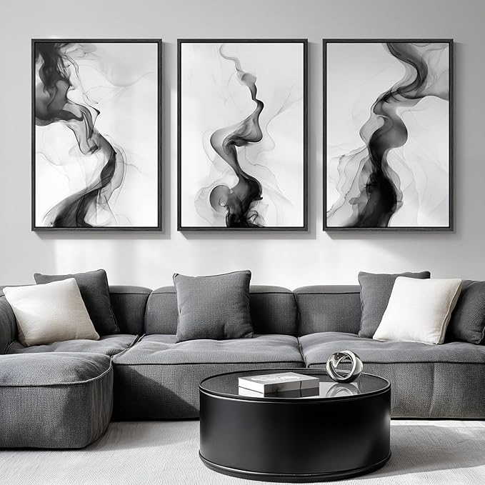 Large Framed Black and White Abstract Wall Art for Living Room, Set of 3 Modern Canvas Prints Paintings Artwork for Walls -Minimalist Pictures for Hallway, Bedroom, Office Wall Decor 24x36 In