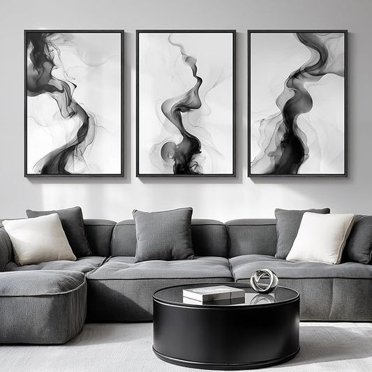 Large Framed Black and White Abstract Wall Art for Living Room, Set of 3 Modern Canvas Prints Paintings Artwork for Walls -Minimalist Pictures for Hallway, Bedroom, Office Wall Decor 24x36 In