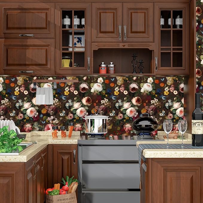 Brown Floral Peel and Stick Wallpaper Boho Leaf Contact Paper Dark Rose Removable Self Adhesive Waterproof Wall Paper for Cabinet Drawers Wall Decor Renter Friendly 17.5''x118.1''