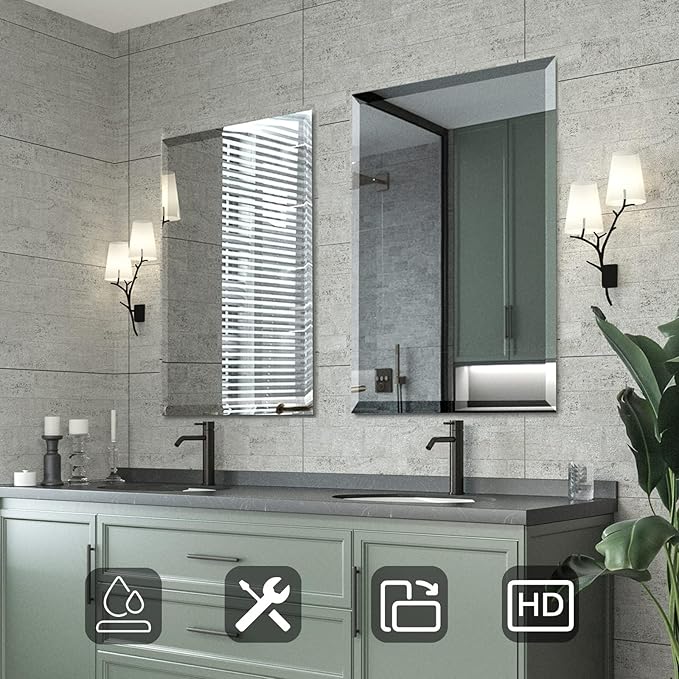 Mirrorons Beveled Mirror, 24" x 36" Frameless Rectangle Bathroom Vanity Mirror with Beveled Edge, Hangs Horizontally or Vertically. Upgraded Shatterproof