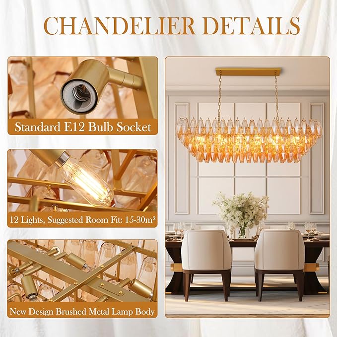 Large Chandelier, 54" Gold Rectangular Drum Chandeliers for Dining Room, 12-Light Modern Round Kitchen Island Hanging Light Fixture for Living Room, Kitchen Island, Foyer