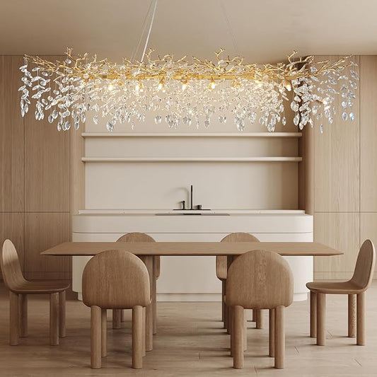 71" Modern Crystal Chandelier, 20-Light Gold Tree Branch Chandelier, Luxury Rectangular K9 Crystal Raindrop Chandeliers for Dining Room, Kitchen Island, Living Room, Contemporary Pendant Light Fixture