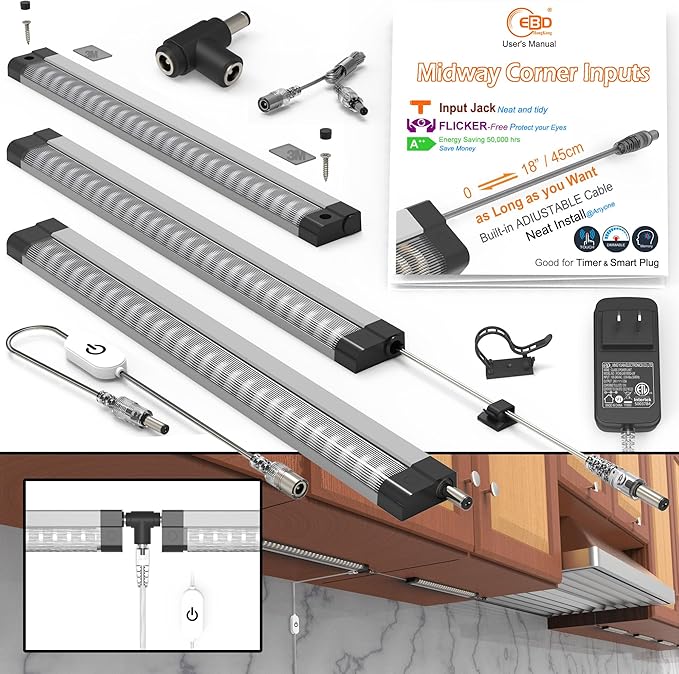 LED under cabinet lights Built-in 45cm/18" Adjustable Cable as Long as you Want Mid Input Jack easy access to power at the location closest to the plug 3Pcs 1350Lm 4500K Super Bright for Pantry Garage