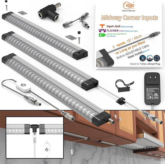 LED under cabinet lights Built-in 45cm/18" Adjustable Cable as Long as you Want Mid Input Jack easy access to power at the location closest to the plug 3Pcs 1350Lm 4500K Super Bright for Pantry Garage