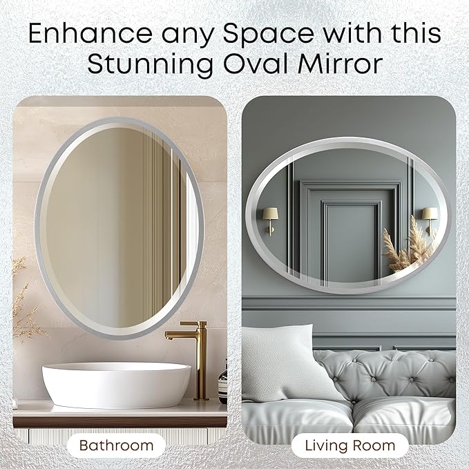 OVALCREST - Oval Wooden Beveled Wall Mirror for Home Decor, Bathroom, Vanity, Bedroom, Living Room, Hallway - London Style (Silver Spray) 41.1 x 31.1