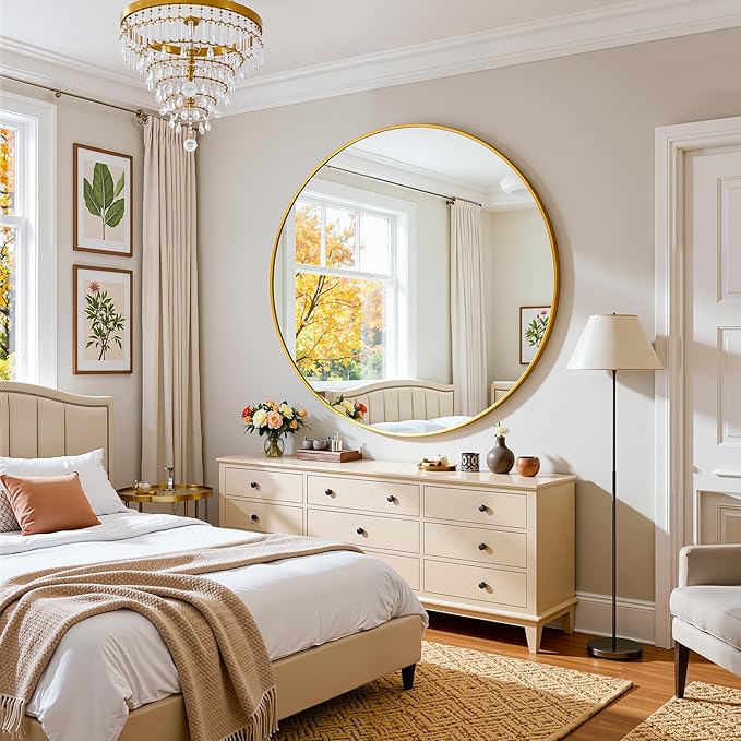 Antok Wall Mirror, 30"x30" Bathroom Vanity Mirror, Anti-Rust HD Tempered Glass, Wall Mounted Mirrors for Living Room, Entryway, Gold Frame, Round