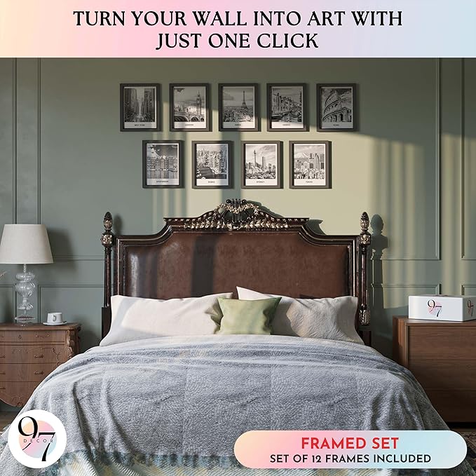 97 Decor FRAMED Black White City Wall Art Print - Cityscape Pictures, Famous Architecture Landscape Artwork Wall Decor, European Buildings Poster, New York City Skyline Photo (BLACK FRAME)