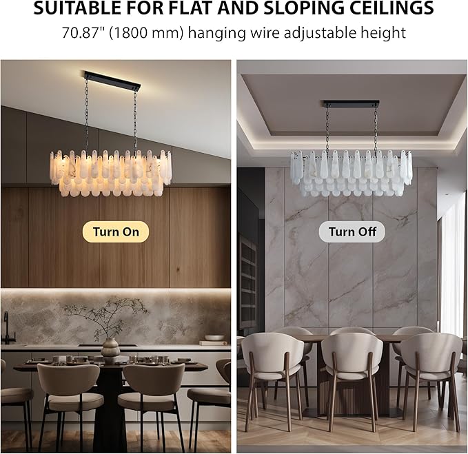 Chandeliers for Dining Room, L47.2 in Modern Alabaster Rectangle Black Chandelier, 4-Tiers Luxury Natural Stone Ceiling Light Fixture, White Marble Chandeliers for Kitchen Island Living Room Bedroom