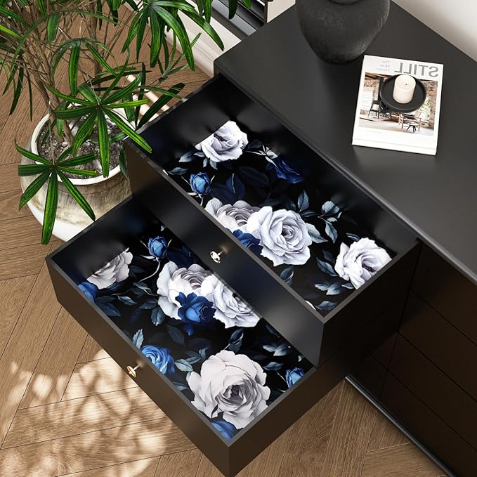 Black Foral Wallpaper Peel and Stick Dark Blue White Rose Contact Paper 17.4" x 393", Self-Adhesive Removable Vintage Flower Wall Paper for Bedroom Countertop Desk Cabinets Decor Renter Friendly