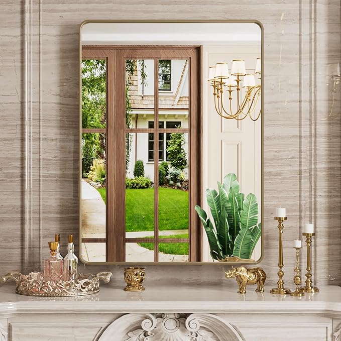 Bronze Bathroom Mirror 24x32 Inch, Brushed Bronze Metal Frame Mirror for Wall, Rounded Rectangle Bathroom Vanity Mirror with Tempered Glass, Anti-Rust, Horizontal/Vertical