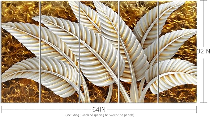 BATRENDY ARTS Modern Silver Banana Leaves Metal Art Wall Decor Golden Home Accent Sculpture 5 Panel Artwork Hand Polished Decorative Hangings for Bedroom