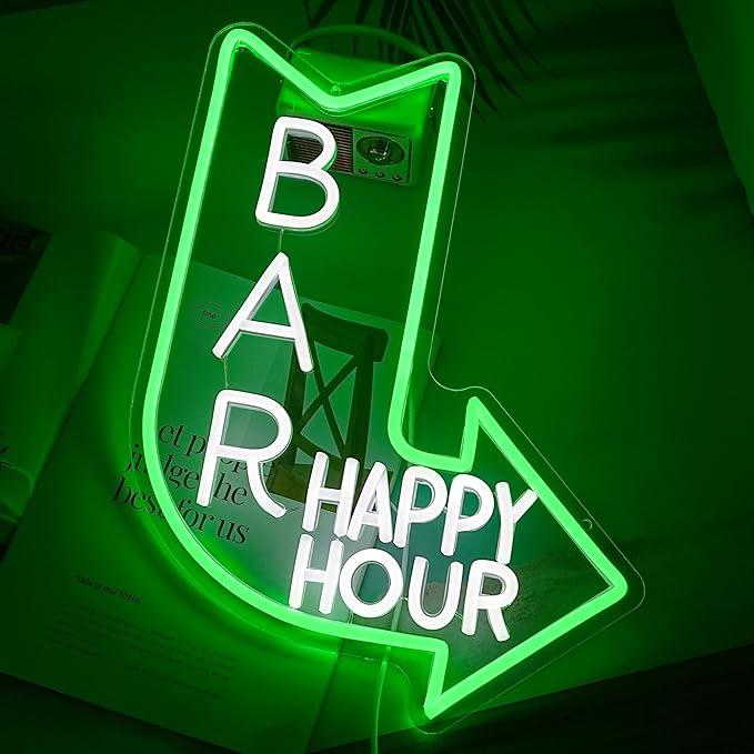 LISIGNVE Bar Happy Hour Neon Sign Adjustable Brightness Happy Hour Neon Light for Wall Decor LED Bar Light Up Sign for Beer Pub Club Party Man Cave (16.5”*12.6”)