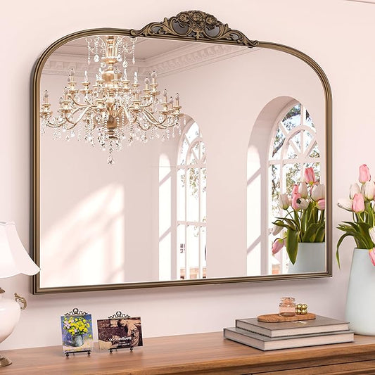 Keonjinn Vintage Gold Mirror, 40" x 30" Large Arched Mirrors with Metal Frame for Wall, Brass Baroque Mirror, Ornate Decorative Mirror for Mantle, Bathroom, French Cleat Mounting