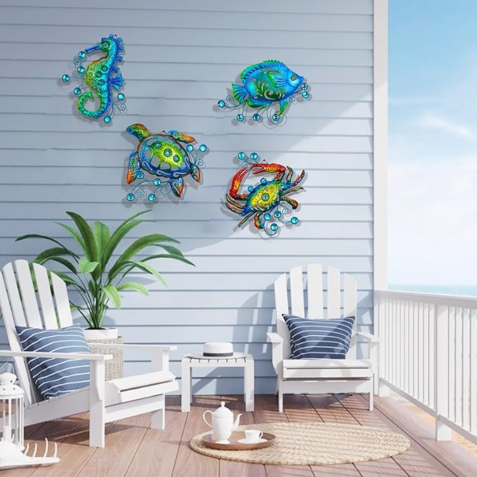 Metal Ocean Beach Theme Wall Decor Art, Set of 4 Sea Turtle Seahorse Crab Tropical Fish Indoor Bathroom Décor, 11 Inch Deep Blue Sea Wall Decoration, Metal Outdoor Christmas Decor Yard Art Christmas Decorations Gift