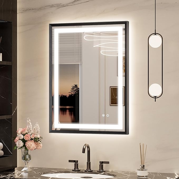 Keonjinn 24 x 32 Inch Black LED Bathroom Mirror with Frontlit & Backlit, Lighted Bathroom Mirrors Wall Mounted, Tempered Glass, Aluminium Alloy Beveled Frame, 3000K/4500K/6000K, Dimmable, Defogging