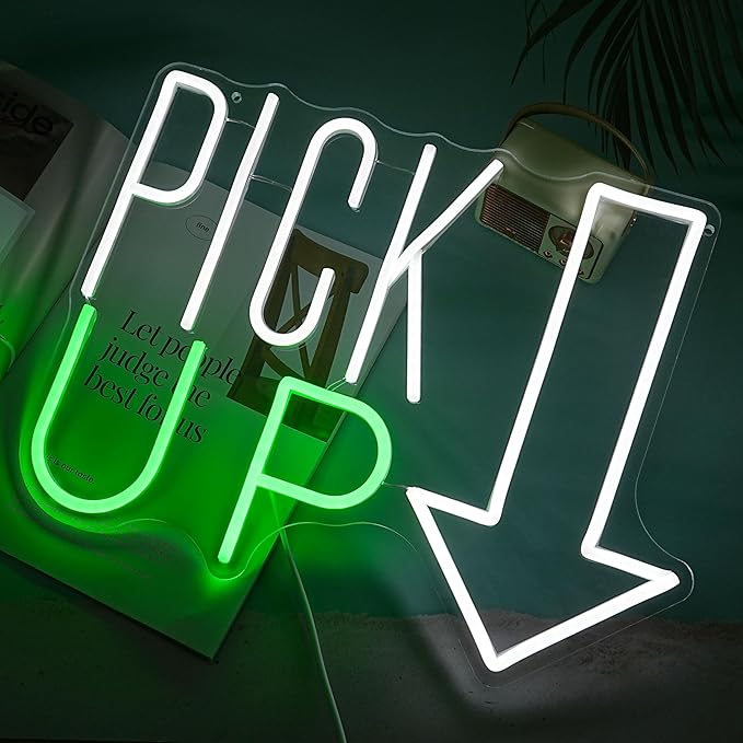 LISIGNVE Pick Up Neon Sign Adjustable Brightness Business Neon Light Wall Decor LED Pick Up Here Light Up Sign for Store Restaurant Bar Snack Coffee (16.5”*12.6”)