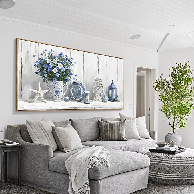 Nicetop Oversized Framed Wall Art for Living Room – Large Floral Canvas Print Blue and White Still Life Artwork Giant Shabby Chic Picture Bedroom Dining Room Office Beach Rustic Country Decor 58x29 Inch