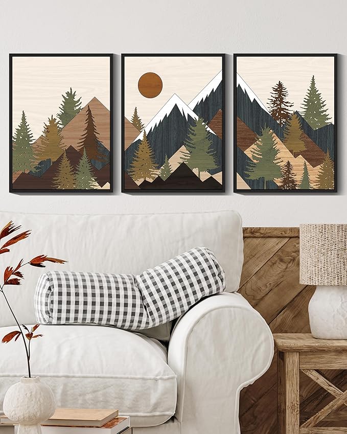 KUVIOKE Morden Mountains Framed Wall Art Boho Pine Tree Forest Nature Landscape Artwork Bohemain Farmhouse Rustic Bedroom Living Home Decor 12x16in (Black Framed)
