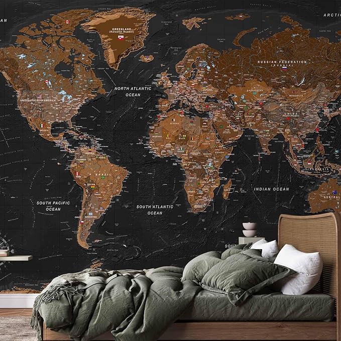artgeist Premium Wall Mural World Map 118x83 in - XXL Non-Woven Wallpaper Fleece Wall Decor Photo Print Picture Image Design Home Map of The World k-A-0206-a-a