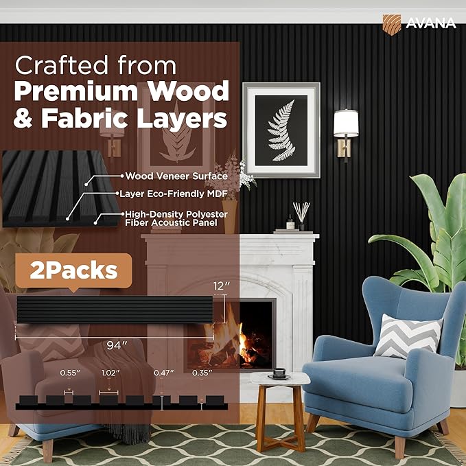 Avana Acoustic Wood Wall Panels – 94.4 X 12.6 Inch Black Oak Acoustic Panels 2 PCs – Wall Panels For Interior Wall Decor For Homes, Offices, Studios – Sturdy And Durable Wood Panels For Wall
