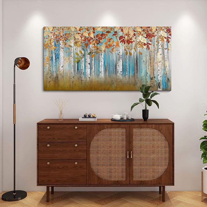 Birch Tree Canvas Wall Art Landscape Yellow Picture Wall Decor for Living Room Large Bedroom Wall Decor Above Bed Framed Artwork for Walls 24×48IN