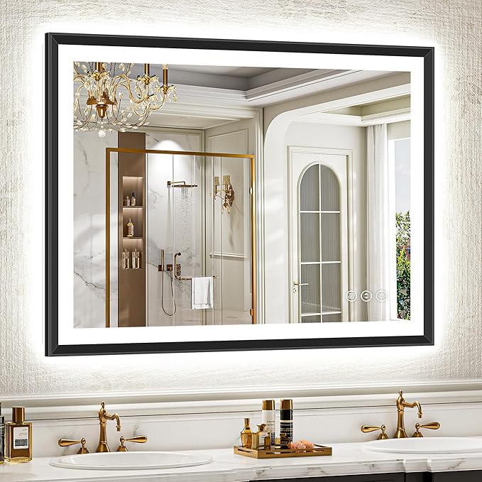 44x32 Black Framed Led Bathroom Mirror with Lights, Front Lit and Backlit, Lighted Vanity Mirror for Bathroom Wall, Anti-Fog, Dimmable, 3 Colors, Memory, HD Tempered Glass