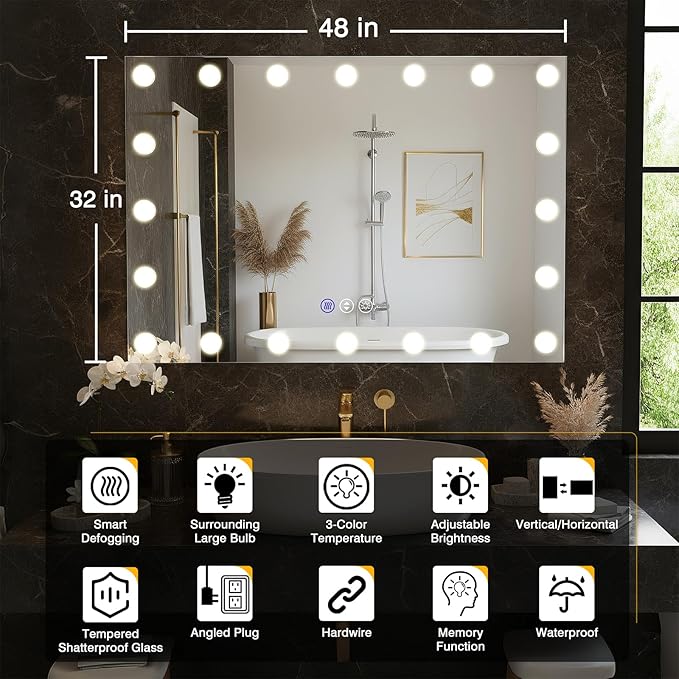 48x32 Lighted Bathroom Mirror, Hollywood Wall-Mounted Mirrors with LED Bulbs, 3 Color Temperatures and Step-Less Dimming, IP54 Enhanced Anti-Fog, Corrosion Proof, Touch Sense