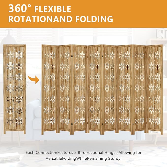 Casaphoria 8 Panels Room Divider, Folding Screen Room Divider with Snowflake Pattern for Home Office, Restaurant and Bedroom, Paulownia Wood, 127" W x 67" H (Natural)