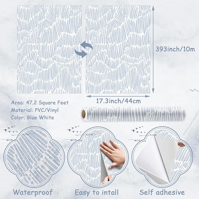 Blue Wallpaper 17.3"×393" Modern Striped Peel and Stick Wallpaper Boho Removable Self Adhesive Wall Paper for Bedroom Waterproof Blue and White Contact Paper for Home Decor