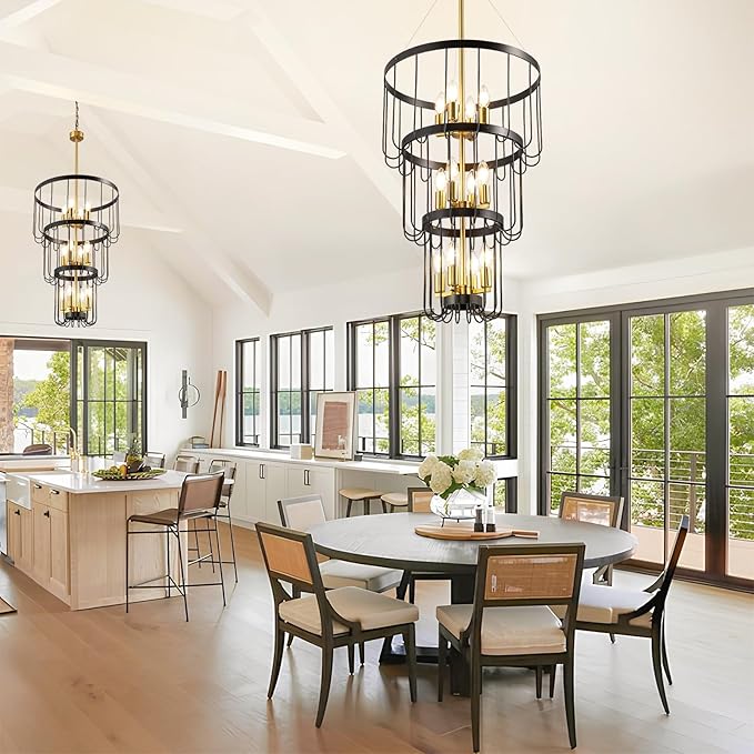 Black and Gold Chandelier, 12-Light Farmhouse Chandelier for Entryway, Industrial Foyer Lighting Fixtures, Large Chandeliers for High Ceilings, Modern Hanging Pendant Lights for Staircase, Entryway