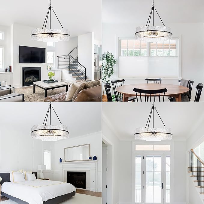 MAYNA Modern Dining Room Chandelier 25.6” Black Textured Glass Chandelier Luxury Drum Crystal Light Fixture Farmhouse Round Hanging Lighting for Dining Room Kitchen Island Living Room Hallway Bedroom