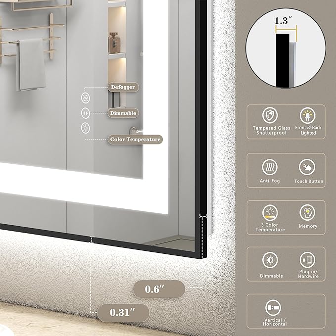 24x30 Framed LED Lighted Bathroom Mirror, Dimmable Vanity Mirror with Lights, Backlit and Front Lighted Mirror for Wall, Anti-Fog, Memory (Horizontal/Vertical)