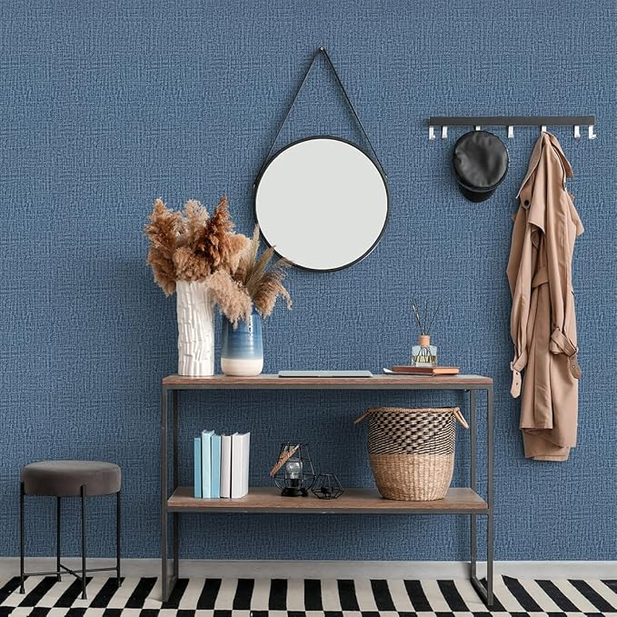 Blue Wallpaper Grasscloth Peel and Stick Wallpaper 17.7inch x 118.1inch Textured Wall Paper Stick and Peel Blue Contact Paper Grasscloth Faux Linen Removable Navy Waterproof Self Adhesive Vinyl