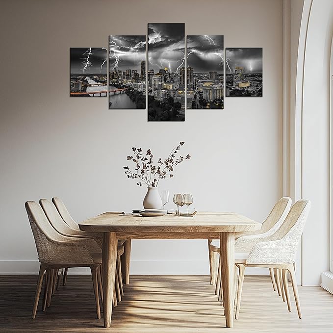 Cawpom Austin Wall Art Austin Texas Wall Decor Lightning Strikes Storm City Picture Austin Skyline Canvas Print Black and White Painting Poster Frame Home Living Room Bedroom Decoration(60x32 inches)