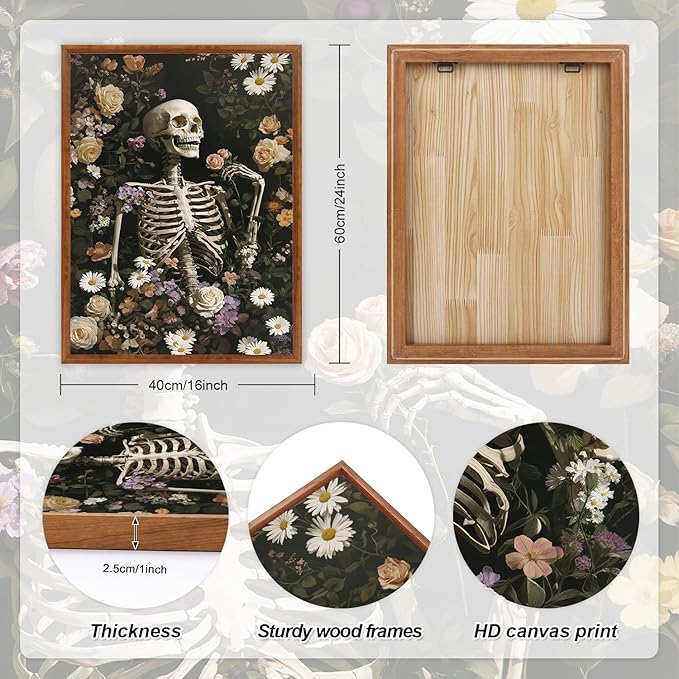 LHIUEM 16”X24”X3-Large Halloween Skeleton Canvas Wall Art Vintage Botanical Art Prints Skull Flowers Pictures Halloween Moody Dark Skull Framed Wall Decor Romantic Rose Spooky Artworks for home office