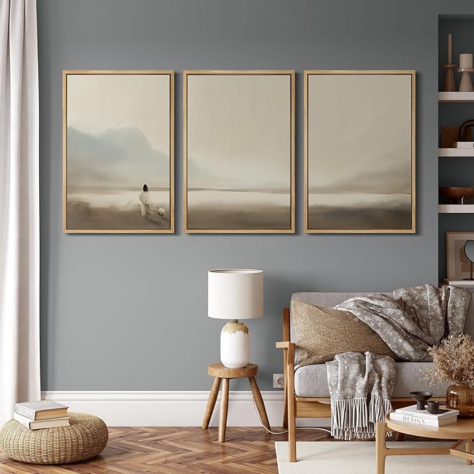 MUDECOR Framed Wall Art Print Set Serene Coastal Landscape Minimalist Illustrations Modern Art Boho Decorative Colorful Chic for Living Room, Bedroom, Office - 24"x36"x3 Natural