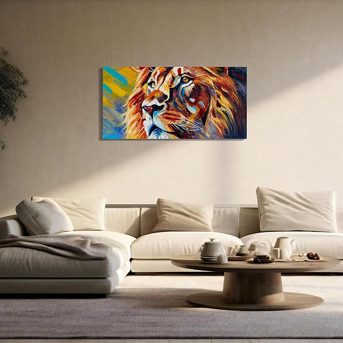 AmoyArt Lion Wall Art for Living Room, Animal Canvas Wall-Decor for Bedroom, Colorful Print Picture for Home, Size 40x20 Inches