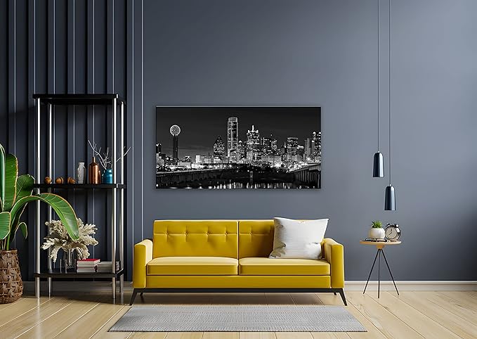 NAN Wind 1 Pcs Dallas Skyline Canvas Wall Art Black White Cityscape Night Scene Modern City Giclee Prints on Canvas Framed Urban Home Decor Skyscrapers Picture Painting for Room Decor