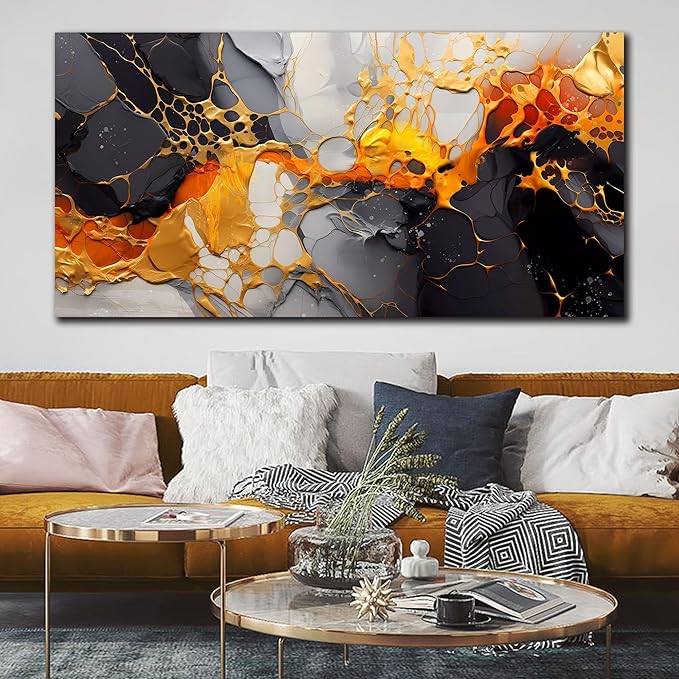Canvas Wall-Art Black and White - Large Abstract Wall Art for Living Room - Yellow Wall Decor Bedroom Office Pictures Size 29" x 59"
