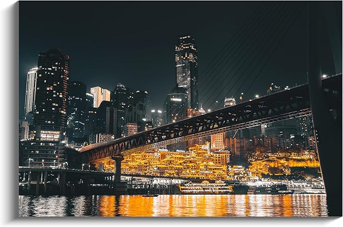 NAN Wind 1PCS Chongqing City Nightscape Canvas Wall Art Illuminated Chinese Skyline with Bridge Skyscrapers Modern Urban Landscape Photography Print for Living Room Office Bedroom Decor