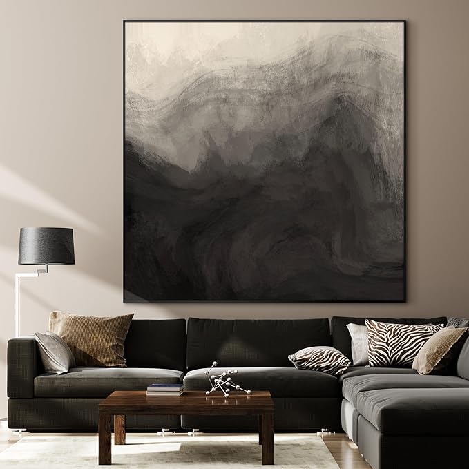60"x60" XL Framed Wall Art - Monochrome Gray and Black Misty Mountains (Frame Assembly Required)