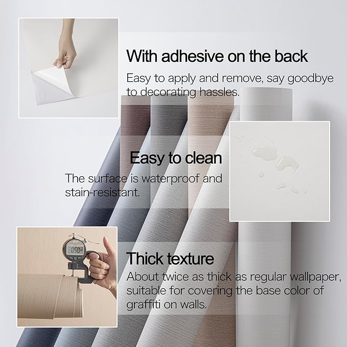 24"x393" White Grasscloth Peel and Stick Fabric Textured Contact Paper Linen Wallpaper Vintage Matte Frosted Waterproof Flax Seagrass Wallpaper for Bedroom Bathroom Kitchen (Off-White)