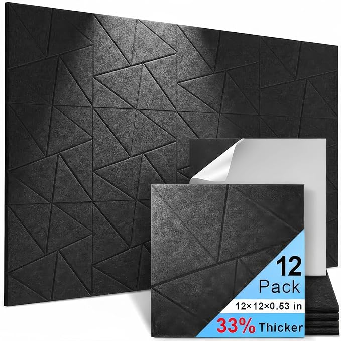 12 Pack Acoustic Wall Panels Self-Adhesive, 12" X 12" X 0.5" Decorative Acoustic Panels, Soundproof Wall Panels for Studio, Home & Living Room, Polyester - Triangle Black
